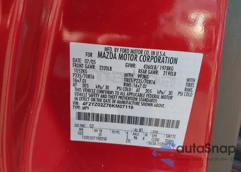 2006 Mazda Tribute I из США, поврежденный, VIN 4F2YZ02Z76KM07119